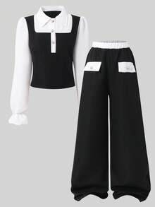 2 件套青少年女孩休闲 2 合 1 衬衫和直筒裤套装，秋季 - 黑色 - 查看 6