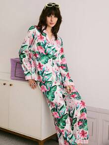 Chillnights Conjunto de pijama de seda sintética con estampado de flamencos cómodo y adecuado para estar en casa, ropa de invierno - Multicolor - Ver 6