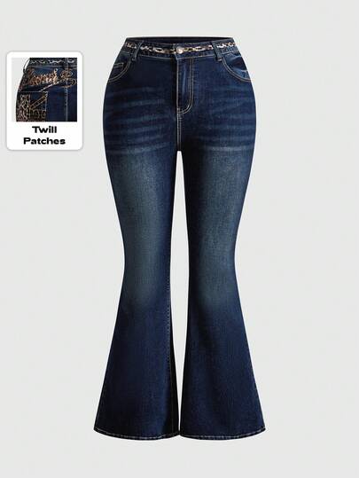 Grunge Punk Große Größen Grunge-Punk-Jeans mit Leopardenmuster und gestickten Buchstaben, lässige Damenjeans, Herbst/Winter, Washed blaue Denim-Jeans, Street-Punk-Y2K-Schlagjeans