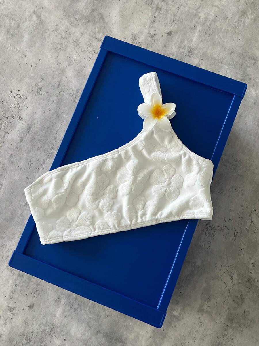 SHEIN Swim 花朵提花一字肩比基尼上衣 - 白色 - 查看 1