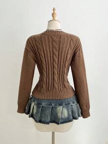 SHEIN Unity Suéter de punto de manga larga con cuello redondo, bordado con elemento de caballo de caballero, de moda para mujer en otoño/invierno, color camello - Marrón - Ver 2