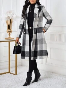 SHEIN Lady 女士格子印花双排扣优雅长袖大衣，秋冬款，圣诞节和感恩节优雅之选 - 彩色 - 查看 5