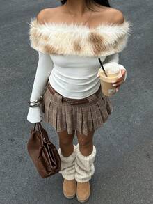 SHEIN EZwear Áo thun bó sát trễ vai cổ lông tối giản màu tương phản dành cho nữ, Trang phục hàng ngày, Giáng sinh dành cho nữ, Năm mới dành cho nữ, Thu đông dành cho nữ, Đi chơi đêm, Tiệc tùng - trắng - Xem 4