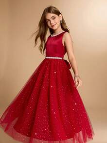 圣诞派对高端儿童公主裙，小主持人演出服，新款高端女童礼服 - 紅色 - 查看 1