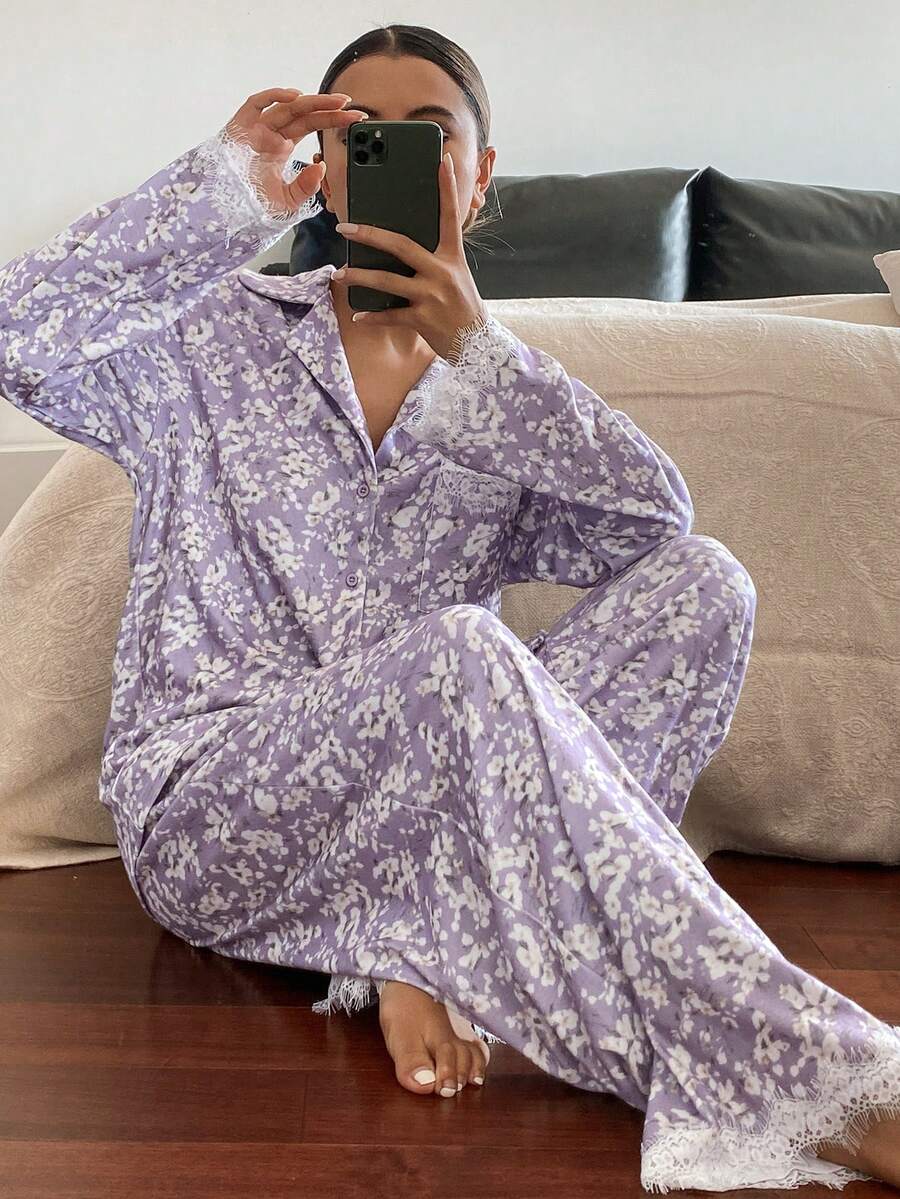 DAZY Romantic Floral Lace Trim Pajama Set For Women, Winter Clothes - Purple - View 1