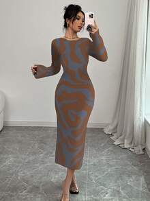 Elenzga Vestido de punto ajustado con cuello redondo y mangas acampanadas con estampado para mujer - Gris Claro - Ver 5