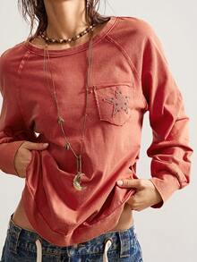 Bohemela Women's Casual Solid Color Knit Crew Neck Long Sleeve T-Shirt - Red - View 3