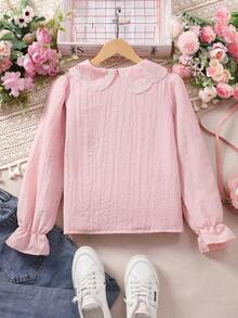 SHEIN Tween Girl Petal Collar Frill Crew Neck White Blouse, Suitable For Back To School,Holiday Summer Travel