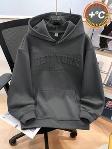 青少年男童简约廓形绿色压纹卫衣，休闲学院风，舒适时尚，百搭实用，面料柔软，适合日常穿着、上学、郊游、户外活动以及秋冬季穿着。 - 深灰色 - 查看 2