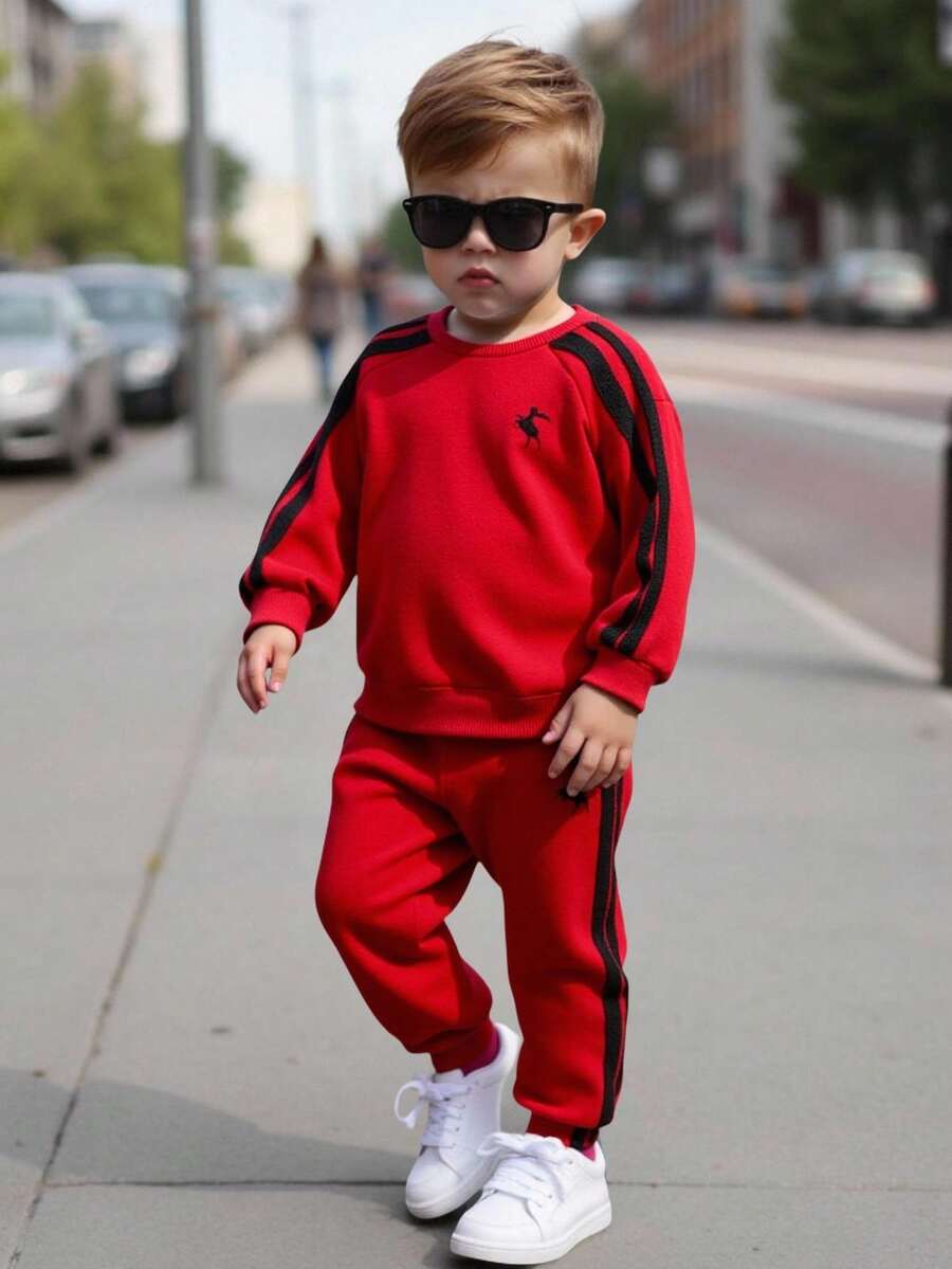 2 件套儿童男童休闲运动服、长袖运动衫和慢跑裤，舒适百搭运动百搭服装，适合室内、户外、日常、运动、玩耍、派对、拍照、度假、所有季节 - 紅色 - 查看 1