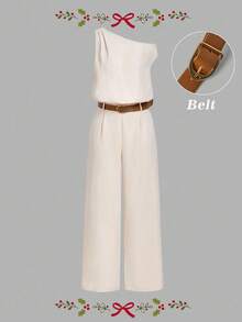 SHEIN MOD Women's Elegant Asymmetrical Shoulder Jumpsuit, Summer Chic Wide Leg Jumpsuit With Belt,Khaki Waist Tie Party Outfit For Brunch,Graduation & Christmas - Apricot - View 3