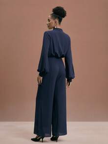 JIAN LASALA Mock Neck Button-Up Elastic Waist Lantern Sleeves Wrap Tie Chiffon Jumpsuit Women Casual Wear Elegant Jumpsuits Navy Blue Jumpsuit Modest Jumpsuit Jumpsuits For Woman Wide Leg Dress Modest Long Sleeve Long Dress Navy Blue Jumpsuit Women Formal Jumpsuit - Navy Blue - View 2
