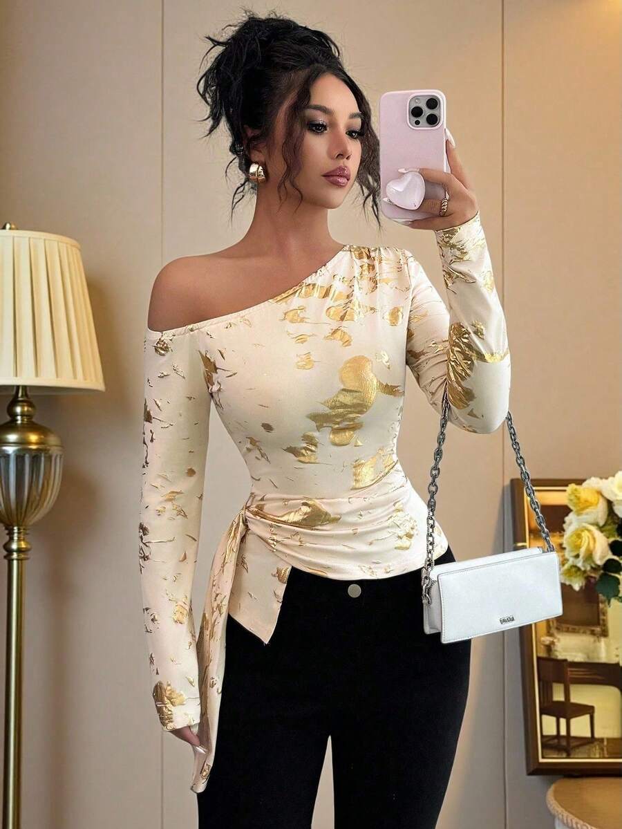 Elenzga 大码女式箔肩不对称下摆长袖时尚T恤 - 杏色 - 查看 1