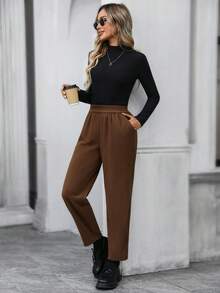 EMERY ROSE Women's Espresso Brown Elastic Waist Pocket Tapered Casual Pants,Autumn Date High Waist Loose Versatile Brown Pants Winter Clothes For Women Tall - Brown - View 8