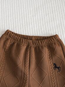 SHEIN Streecool Kids Bộ 2 món/Bộ đồ bé trai 2 trong 1 áo thun tay ngắn và quần short vải jacquard thêu thoải mái, phù hợp cho các hoạt động ngoài trời thường ngày, mùa xuân/hè - màu nâu - Xem 7