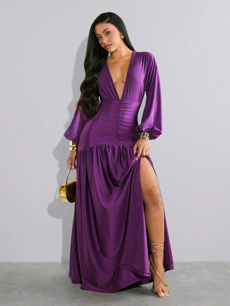 Zyxie Vestido largo con cuello en V profundo y mangas anchas con abertura, color rojo vino - Burdeos - Ver 1