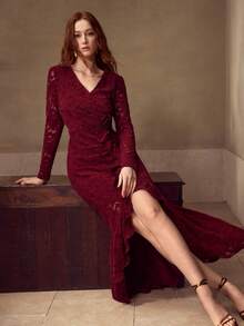 MOTF PREMIUM WOMEN'S LACE FITTED WAIST MERMAID HEM MIDI DRESS, AUTUMN/WINTER - Burgundy - View 3