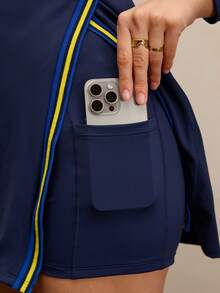 Activina 女士秋季简约撞色滚边开衩口袋长袖运动连衣裙 - 藍色 - 查看 4