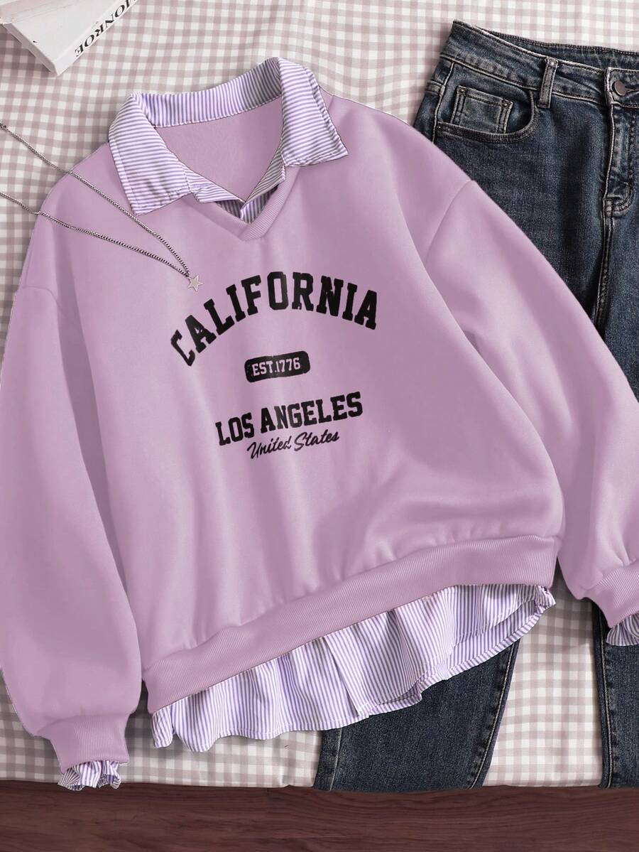 Teen Girl Casual Pullover Sweatshirt, Versatile For School & Commute, 2 In 1 Sweatshirt With Shirt Collar, Numeric & Letter, Leopard Print Pattern, Loose Fit - Purple - View 1