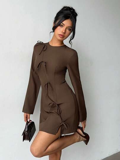 Aloruh 女士新款迷你连衣裙，长袖纯棕色连衣裙，饰有蝴蝶结，Y2K风格可爱装扮，适合通勤和休闲穿着