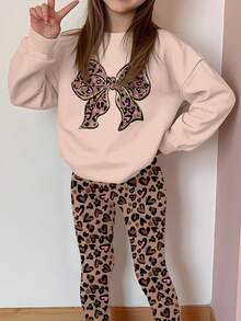 SHEIN Leap Crew 2 件套青少年女孩卡其色、复古豹纹闪光蝴蝶结图案宽松厚实柔软舒适温暖圆领长袖运动衫和紧身裤、青少年秋冬服装、轻松舒适、秋冬多层、时尚、休闲装、蝴蝶图案服装、秋冬、别致秋季、时尚冬季、新风格、舒适季节、圣诞氛围 - 彩色 - 查看 4