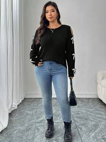 SHEIN LUNE Plus Size Hollow Out Casual Knit Sweater With Playful Sequin Bow Decor Bow Top Women Black Sweater Winter Party Graduation Elegant Sequin Elegant Graduation Christmas New Year Winte Shiny - Black - View 7