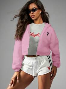 Missguided x Playboy Long Sleeve Cropped Puff PrInt Cropped Zip Up Hoodie In Fabric - Pink - View 4
