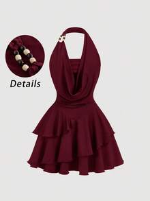 SHEIN MOD 大码复古 70 年代不对称迷你连衣裙，饰有荷叶边、露背领、串珠装饰、层叠蛋糕裙摆和垂褶领——Y2K 风格，非常适合海岛度假、派对、约会、生日庆祝、下午茶和节日！ - 酒紅色 - 查看 1