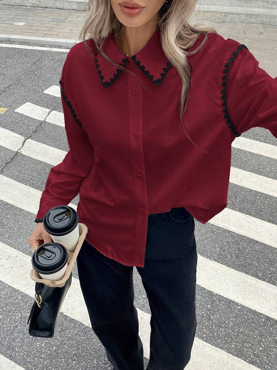 Serisse 女士撞色滚边纽扣前开襟休闲长袖衬衫 - 酒紅色 - 查看 1
