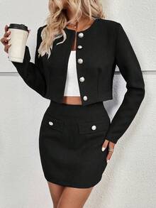 EMERY ROSE Elegant Commuter Tweed Button Jacket & Skirt 2 Pieces Set - Black - View 4