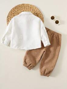 SHEIN Bộ 2 món áo khoác nhung kẻ và quần cạp chun cho bé trai, Thu/Đông - trắng - Xem 2