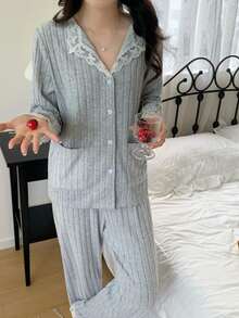 2 Stücke Bequemer Lässig Gerippter Flauschiger Kontrast Spitzenbesatz Langarm Top und Hose Pyjama Set für Teenager Mädchen - Hellgrau - Übersicht 6