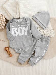 SHEIN 男婴宽松舒适针织印花长袖连体衣+宽松针织长裤，秋冬季 - 淺灰色 - 查看 2