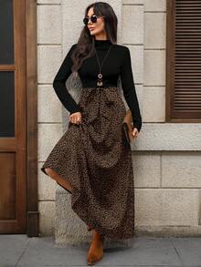 SHEIN LUNE Abito lungo elegante e casual da donna con stampa leopardata e colori a contrasto, adatto per l'autunno/inverno - Bianco - Visualizzare 1
