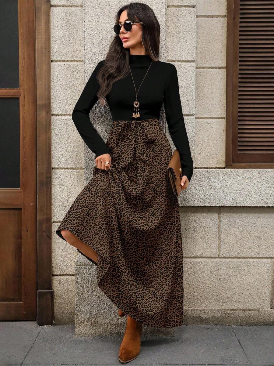SHEIN LUNE Abito lungo elegante e casual da donna con stampa leopardata e colori a contrasto, adatto per l'autunno/inverno - Bianco - Visualizzare 1