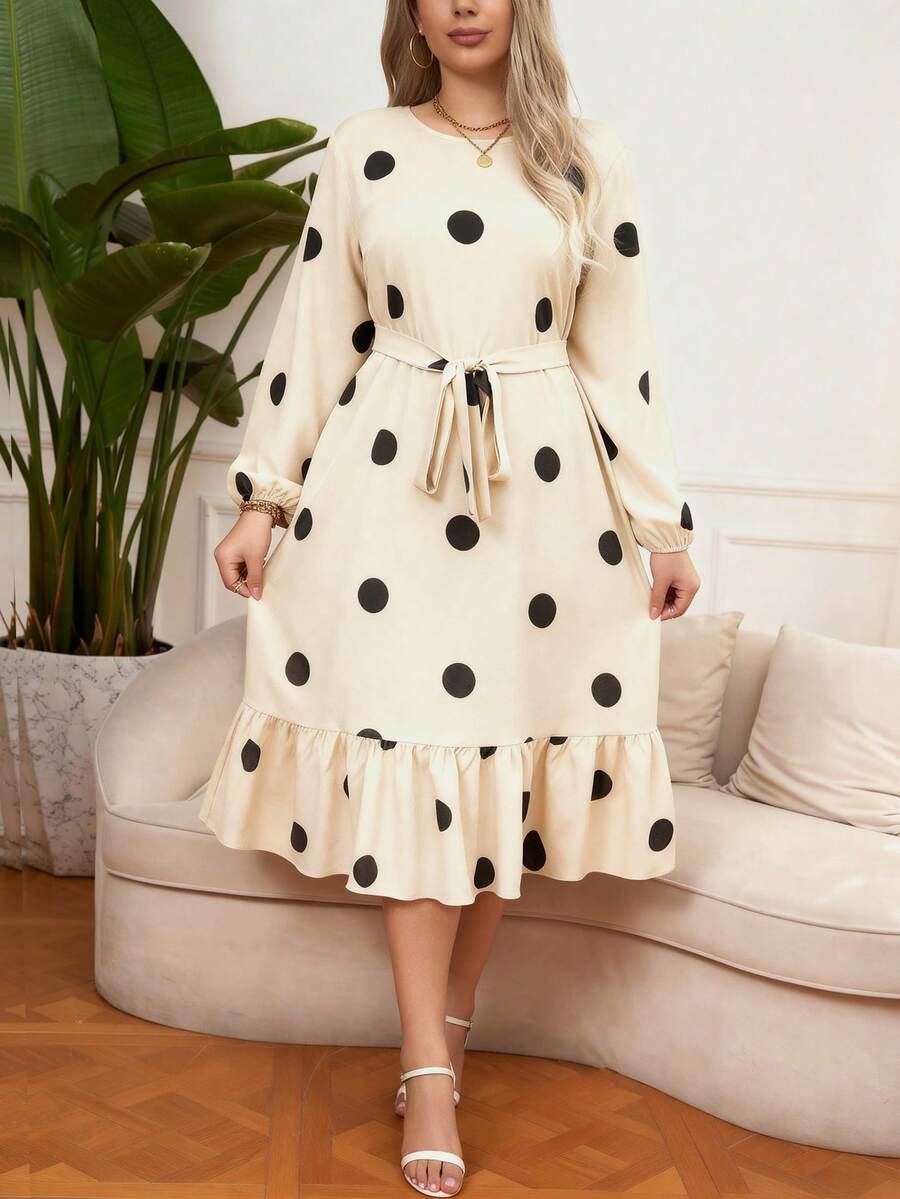 SHEIN LUNE Váy Maxi chấm bi viền bèo nhún cỡ lớn dành cho nữ, trang phục Giáng sinh dành cho nữ - Màu be - Xem 1