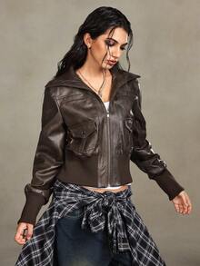 ROMWE Grunge Punk 复古街头风格仿旧 PU 机车风领口修身女式夹克