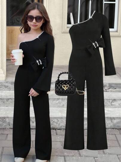 SHEIN Tween Girl Elegant Pearl Decor Oblique Shoulder Long Sleeve Jumpsuit