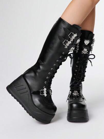 Grunge Punk 2025 New Fashion Punk Style PU Leather Platform Ankle Boots, Dark Gothic Thick Sole Boots With Skull & Bat Buckle Decor, Wedge Mid-Calf Boots For Fashionable Women