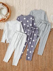 SHEIN 6pcs Young Girls Soft & Comfortable Undershirt & Pants Set, Classic Fashion Cute Stripe & Polka Dot Print, Ruffle Collar, Cuffs, Hem, Waistband Decor Kids Loungewear Kids Long Sleeve Summer Sets Linen Kids Pajama Gowns Kids Sleep Wear Kids Sleepwear Kids Pajamas