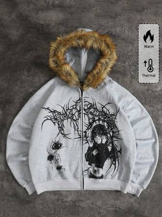 Anime Men's Cartoon Character Print Fleece Fluffy Collar Zip-Up Hoodie Sweatshirt