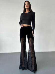 Firerie 女士优雅蕾丝喇叭裤，性感低腰透视蕾丝修身喇叭裤，适合度假、毕业典礼、音乐节、派对、街头服饰等场合。 - 黑色 - 查看 5