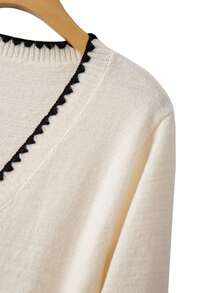 GlowEve CURVE Women's Autumn/Winter New V-Neck Ribbed Trim Pocket Design Fitted Mid-Length Elegant Lady Style Knit Sweater Dress - Apricot - View 4