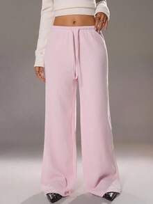 TRNVIE 1pc Women's Casual Drawstring Elastic Waist Knit Pants, Soft Thermal Lined, Suitable For Valentine's Day, Dates, Daily Wear, Autumn/Winter - Pink - View 6