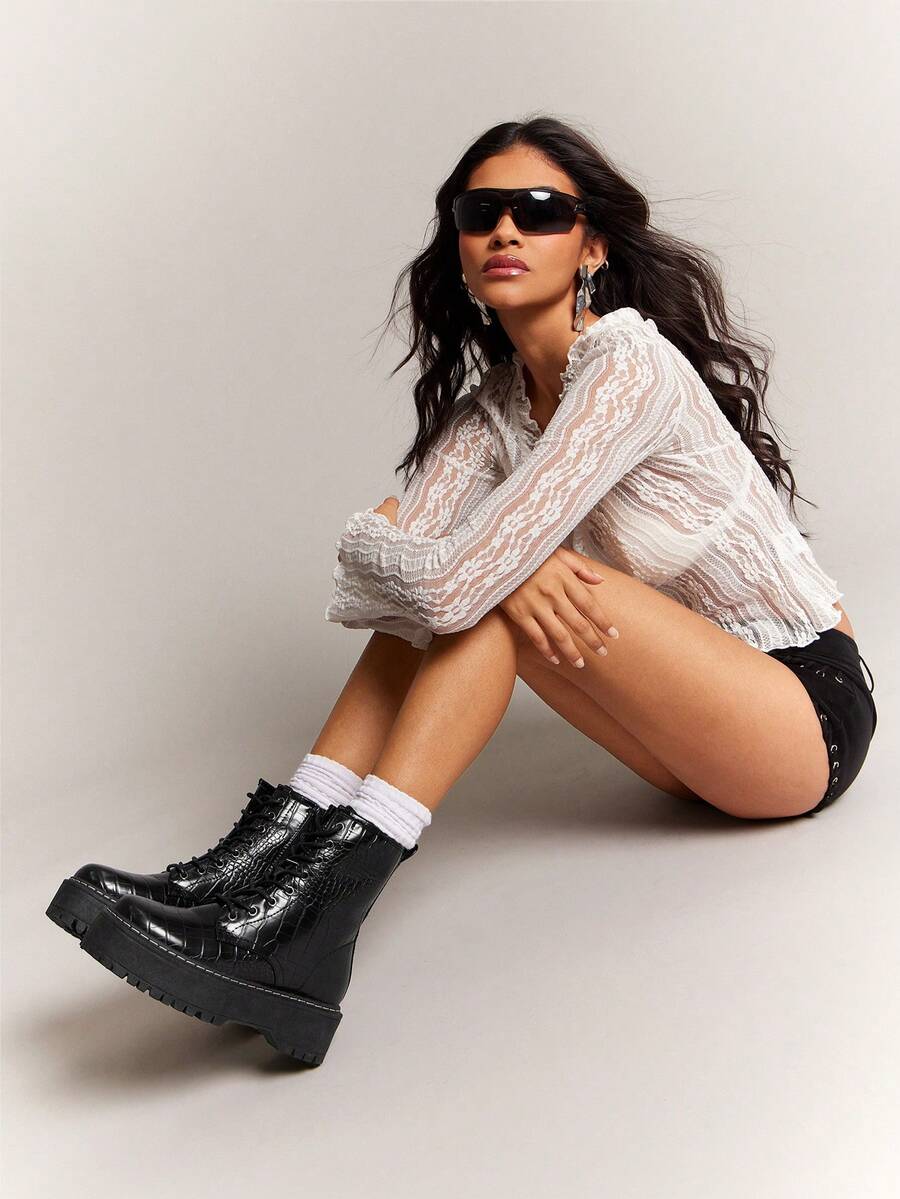 SHUZIA #IconicBritishStyle Women's Platform Lace Up Premium Distressed Black Combat Ankle Boots – Lug Sole For Grip & Durability, Side Zip For Easy On/Off. Bold, Comfortable & Built For Everyday Adventures In Style. For Christmas - Black - View 1