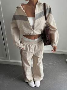 DAZY 女士休闲高领拼接宽松上衣和阔腿裤运动套装，秋冬款 - 灰色 - 查看 5