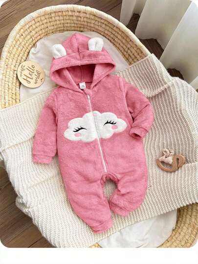 新生女宝宝可爱粉色毛绒卡通图案连帽连体衣，秋冬季