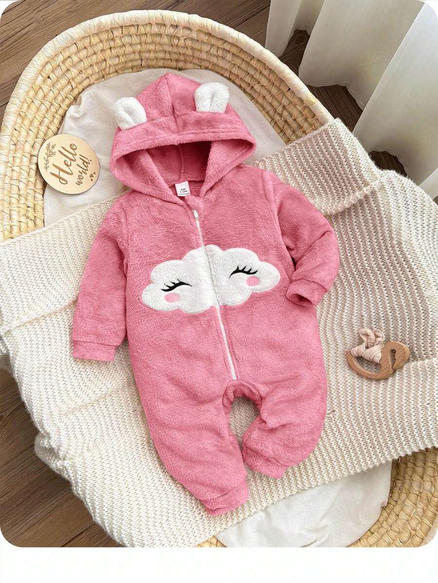 新生女宝宝可爱粉色毛绒卡通图案连帽连体衣，秋冬季 - 粉色 - 查看 1