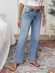 EMERY ROSE Plus Size Women Winter Embroidered Pocket Straight Loose Casual Jeans, Autumn/Winter - Dark Wash - View 5