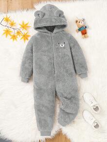 SHEIN Kids Boy Cute Bear Embroidered Cartoon Hooded Long Sleeve Jumpsuit, Casual Romper Suitable For School, Garden, Beach, Birthday, Spring, Summer, Autumn, Winter,Thanksgiving,Christmas,Winter,Winter Clothes,Cozy Fall & Winter Styles,Hoodie - Grey - View 4